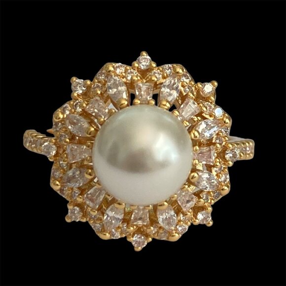 Art Deco Cubic Zirconia White Pearl Cocktail Ring Yellow Gold Plated Size 7 8 9 - Picture 16 of 16